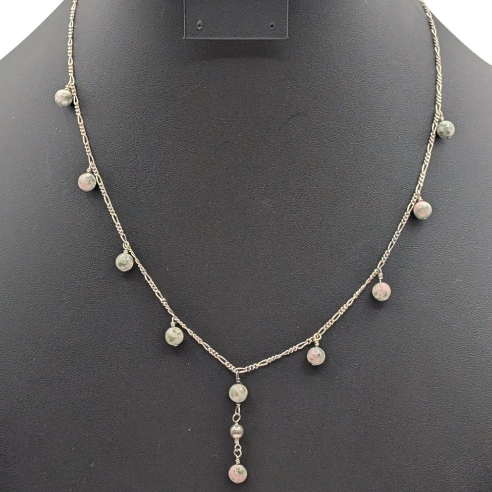 Vintage 925 Sterling Silver Unakite Dangle Bead Figaro Chain Link 19.5" Necklace