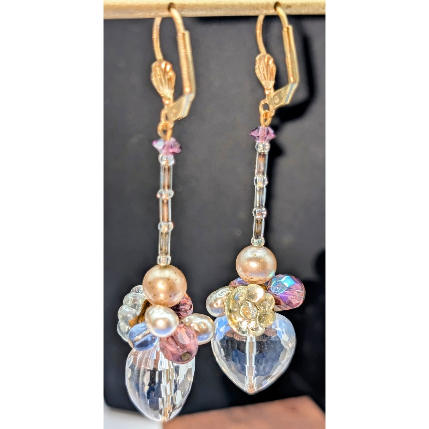 Crystal Faceted Heart Pearl Crystal Flower Beaded Gold Tone Lever Back Earrings