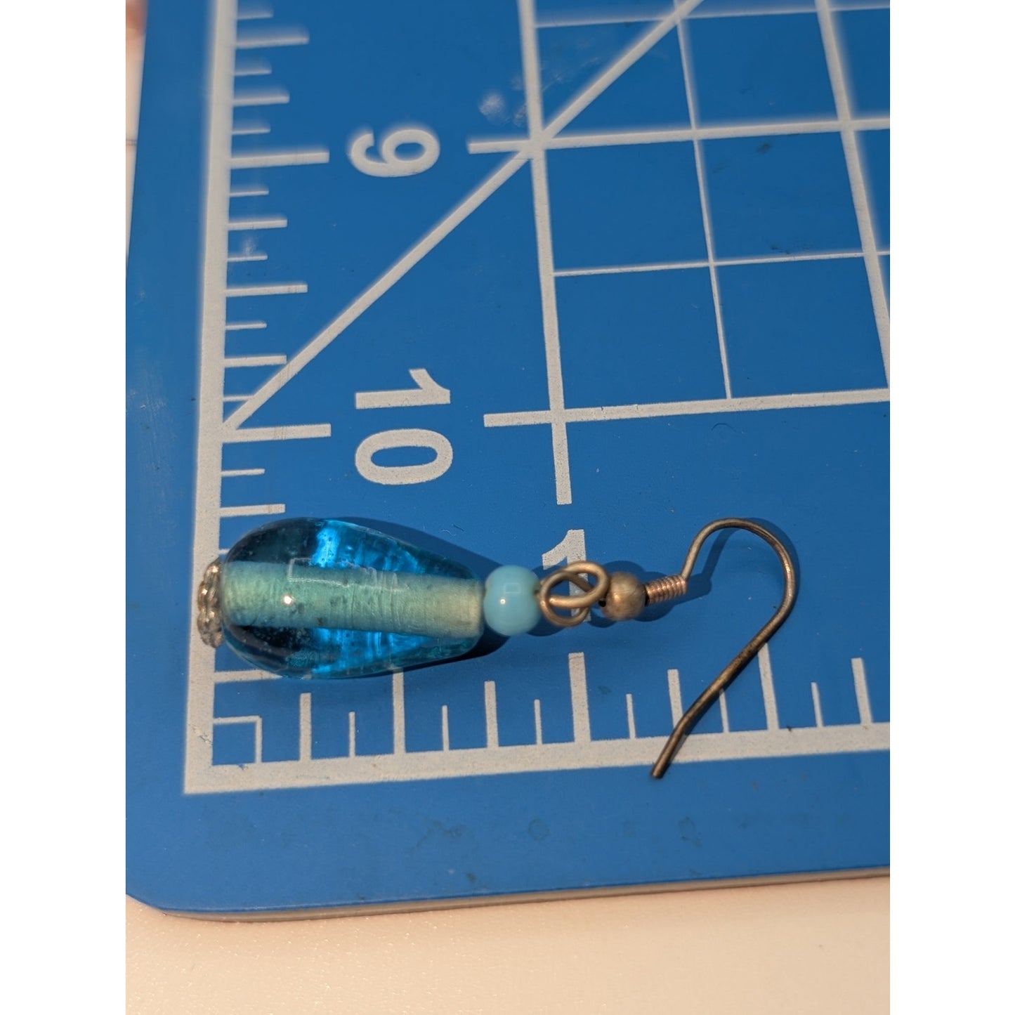 Blue Glass Bead Dangle Silver Tone Wire Earrings