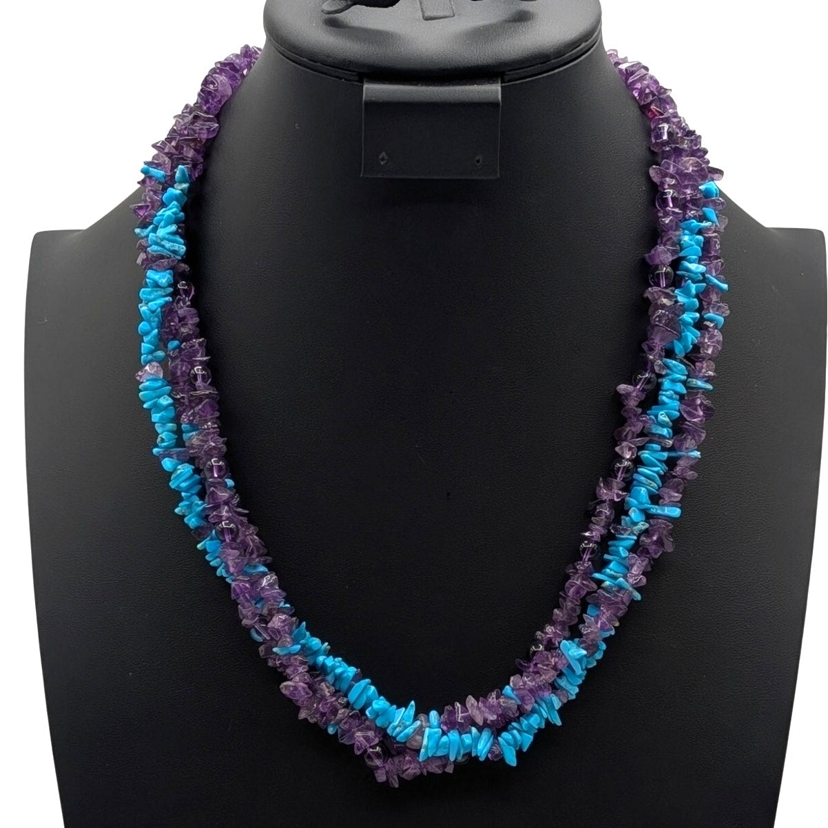 Vintage Multi-Strand Torsade Amethyst Turquoise Chip Bead Hook Clasp Necklace