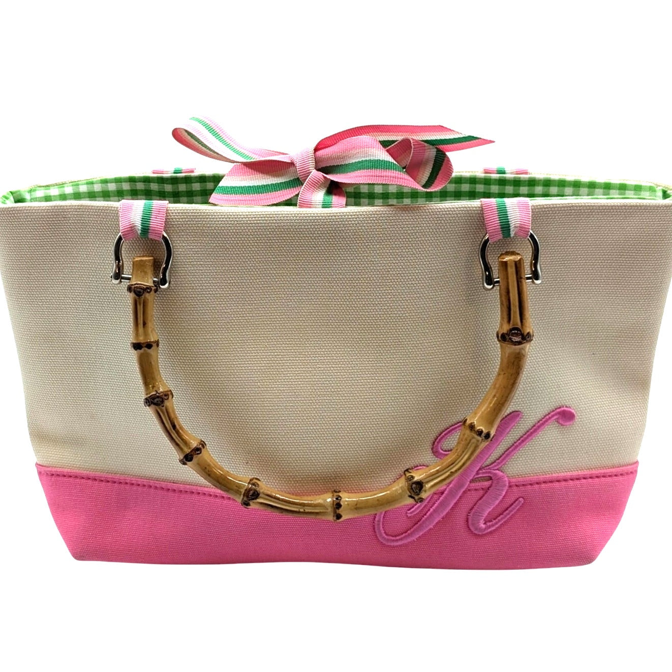 Preston & York Preppy Canvas Bamboo Handle Cream Pink Monogram K Small Tote Bag