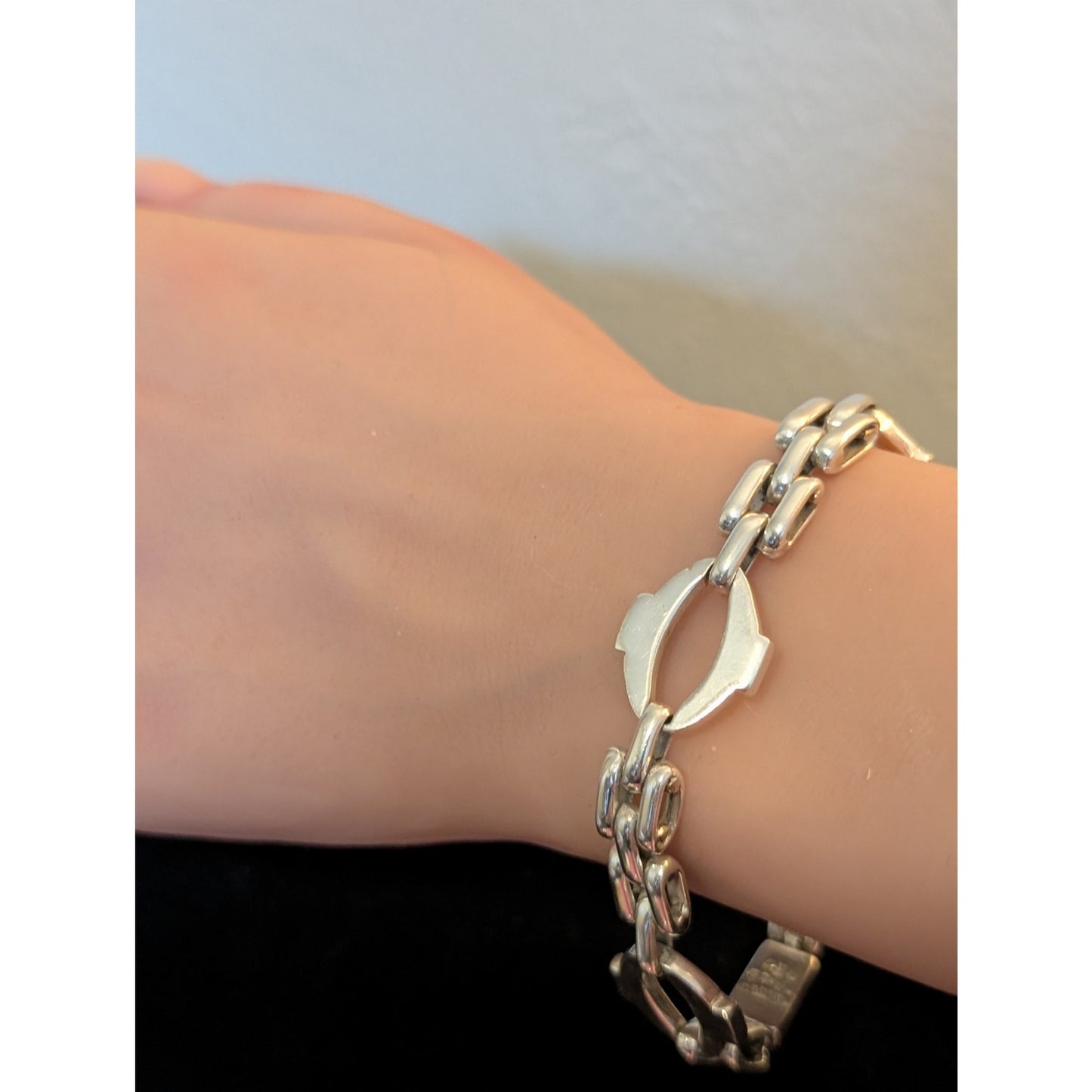 VTG Mexico Sterling Silver Panther Oval Link Solid Box W/ Tongue Chain Bracelet