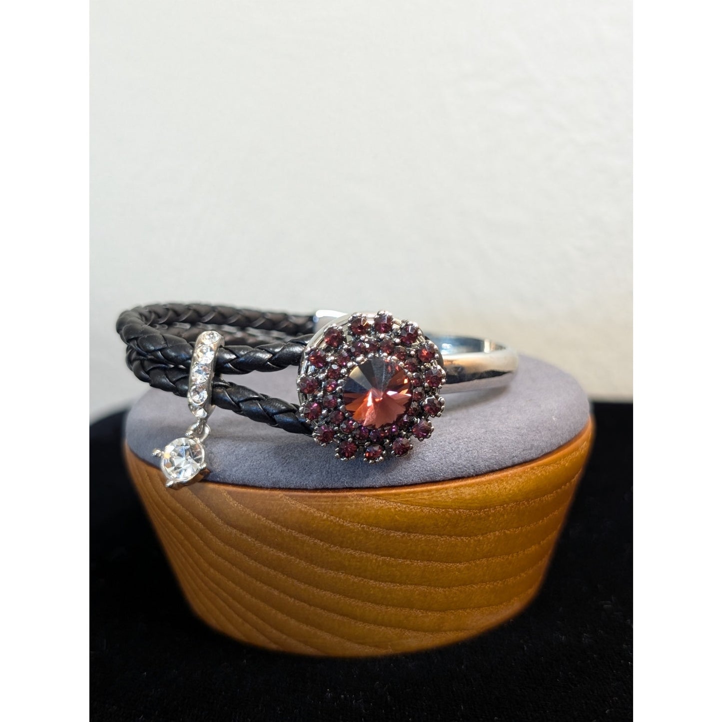 Ginger Snaps Leather Silver Tone Button Clasp Rhinestone Dangle Bangle Bracelet