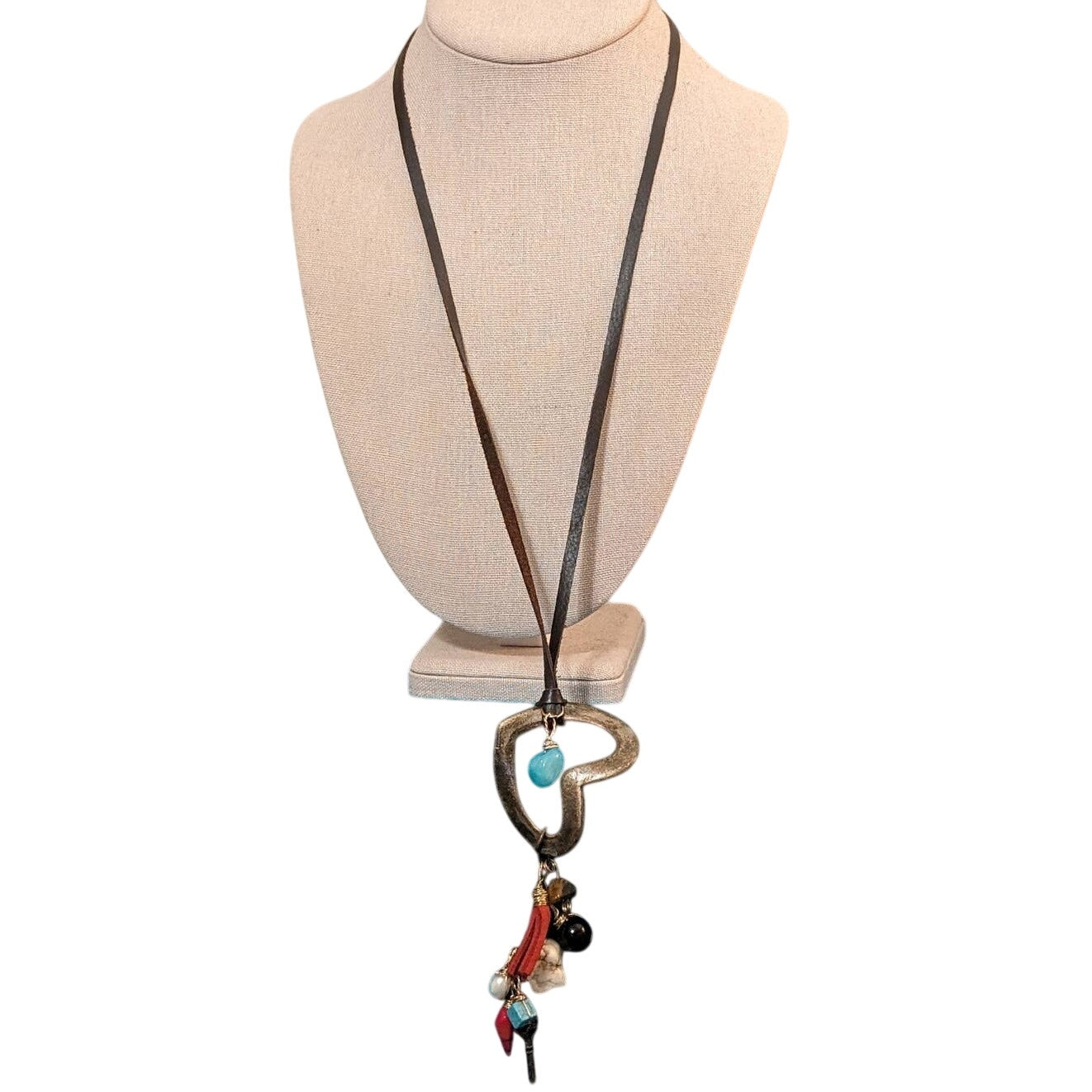 Artisan Cord with Heart, Stone, Tassel, Key and Other Charms Cluster Necklace