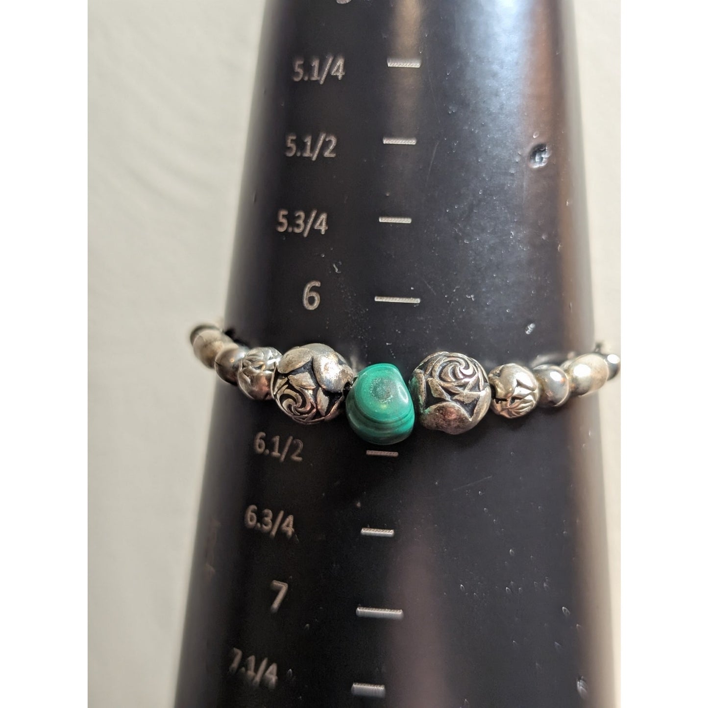 Vintage Liquid Silver Malachite Rose Bead Barrel Clasp Bracelet