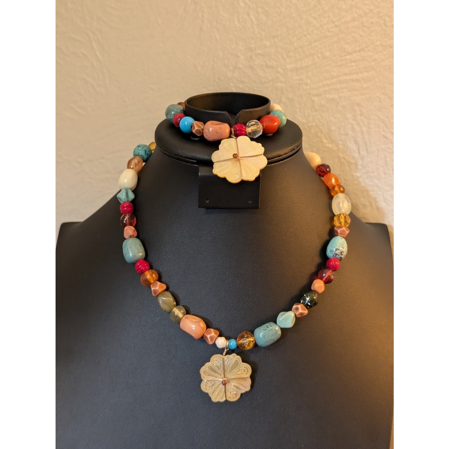Multi-Color Acrylic Beaded Wire Wrapped MOP Flower Charm Necklace & Bracelet Set