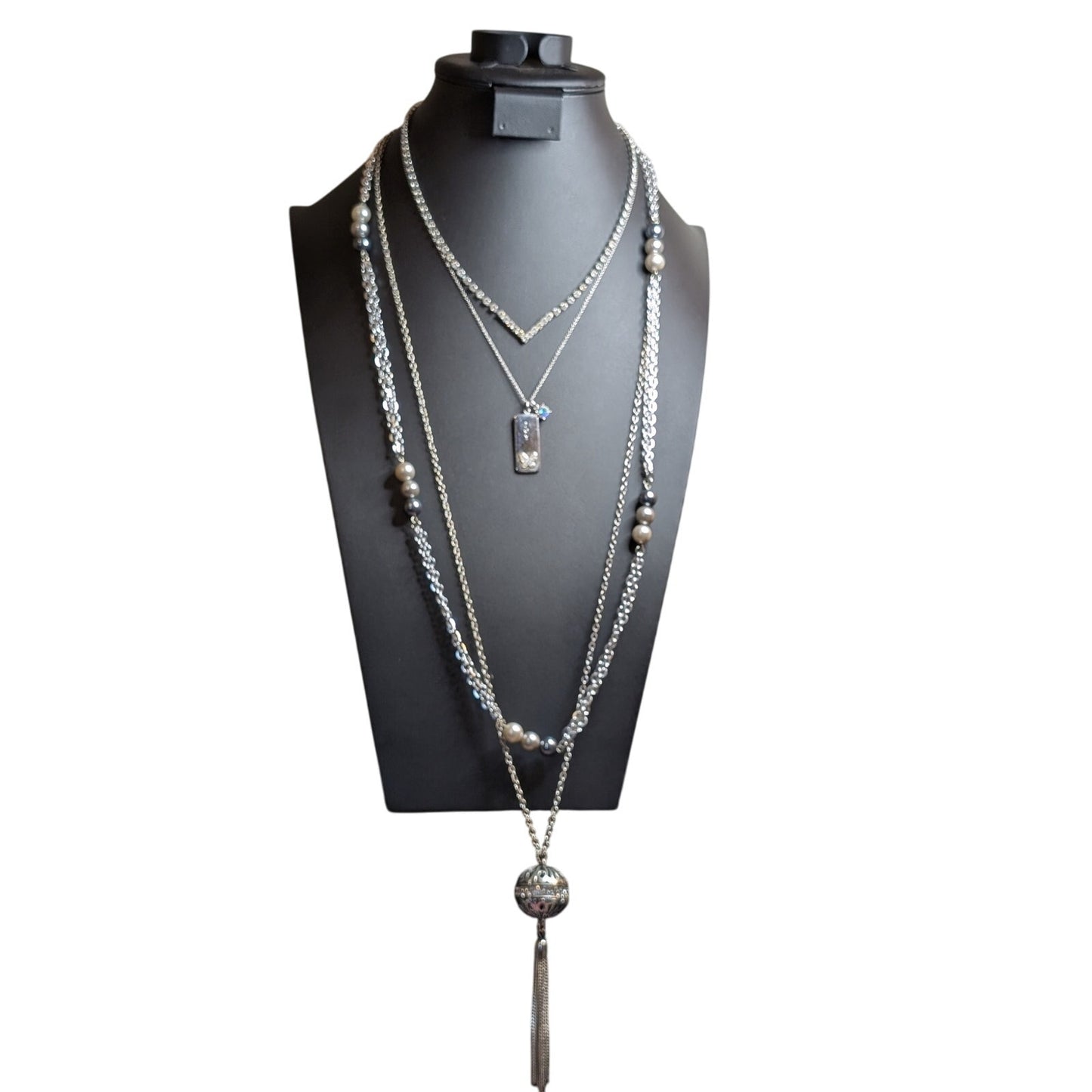 Layered Look Lot of Four Silver Tone Rhinestone Pearl Necklaces
