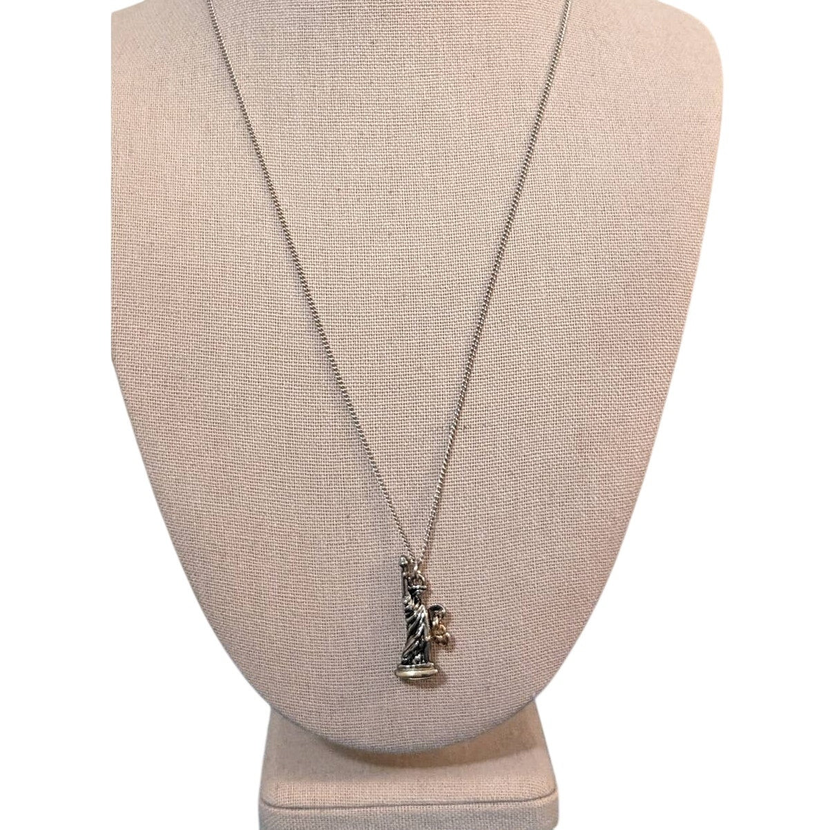 Statute of Liberty Heart Charm Two Tone Metal Pendant 21" Necklace