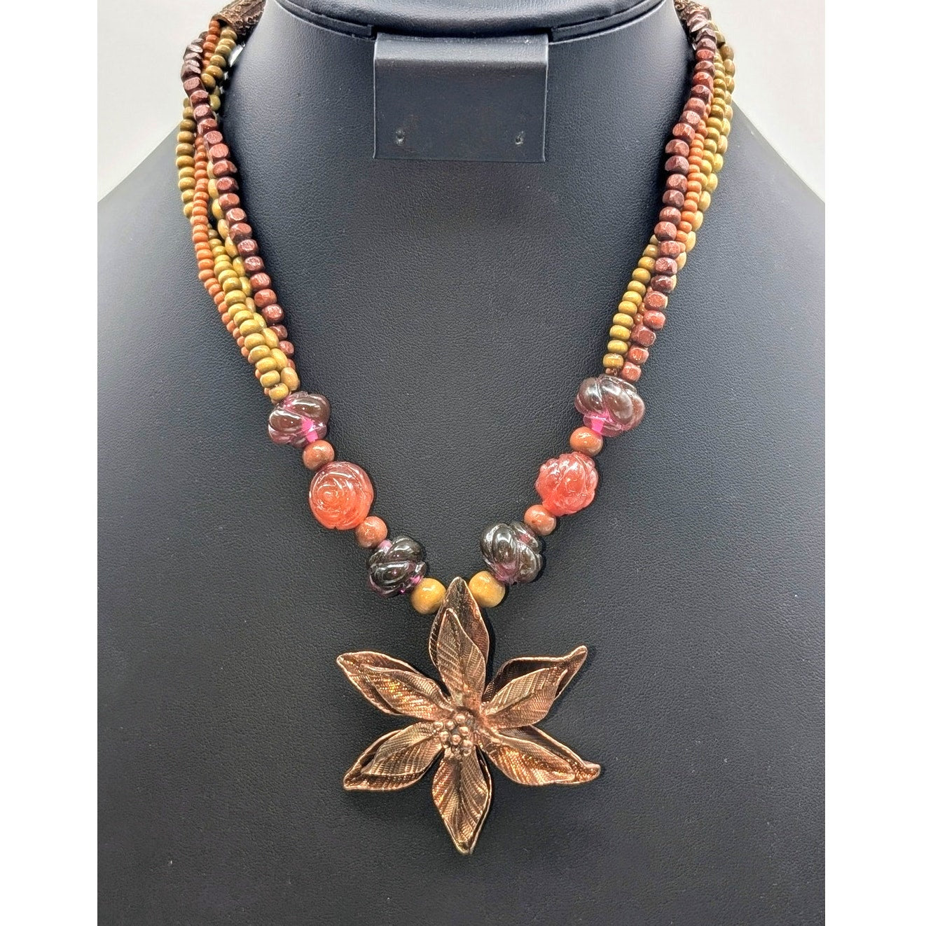 Vtg Cookie Lee Bronze Metal Floral Flower Seed Bead Pendant Statement Necklace