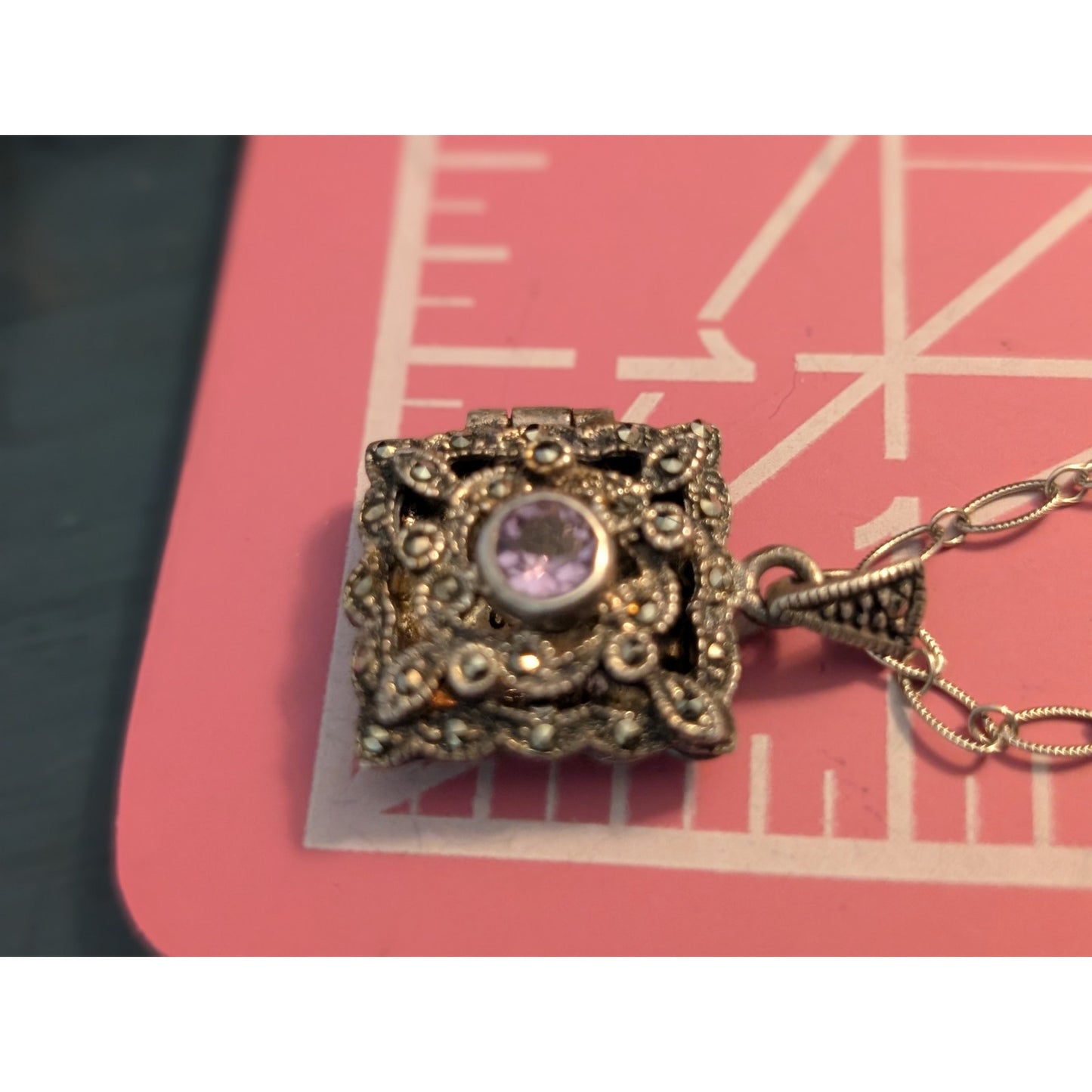 Gorgeous Vtg Amethyst Marcasite Sterling Silver Filigree Locket Pendant Necklace