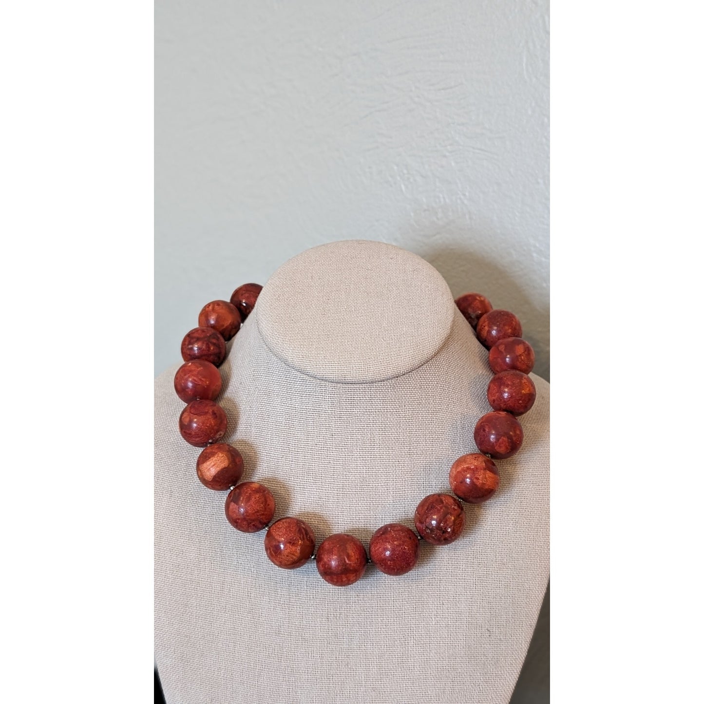 Genuine Coral Marbled Red 20 Bead Statement Necklace w/ Sterling Toggle Clasp