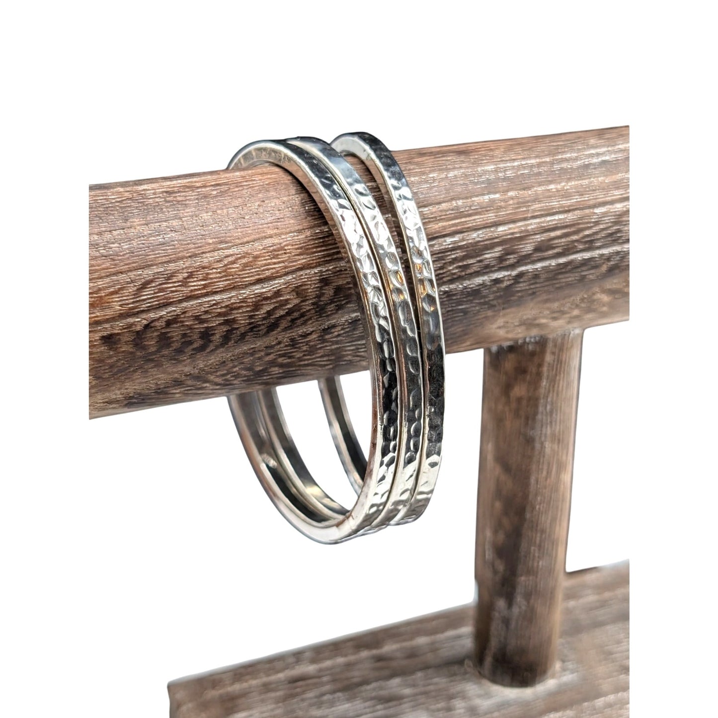 Three Silver Tone Hammered Silver Tone Bangle Bracelets