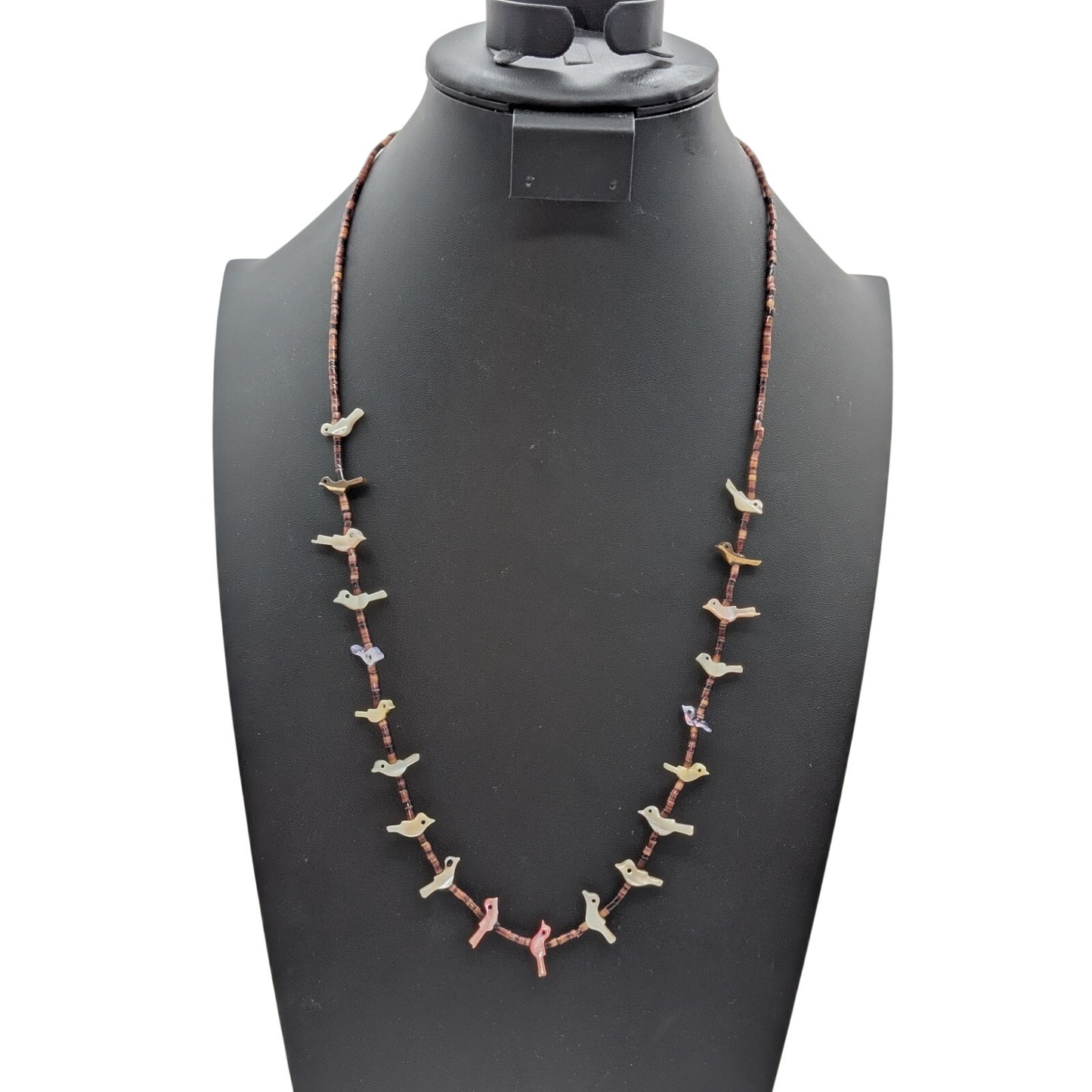 VTG Southwestern Style Heishi Fetish Stone/Shell Bird Barrel Clasp 27" Necklace