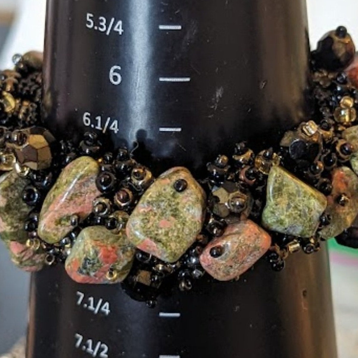 Artist Woven Seed Bead and Unakite Stone Chip Cuff Magnetic Closure Bracelet