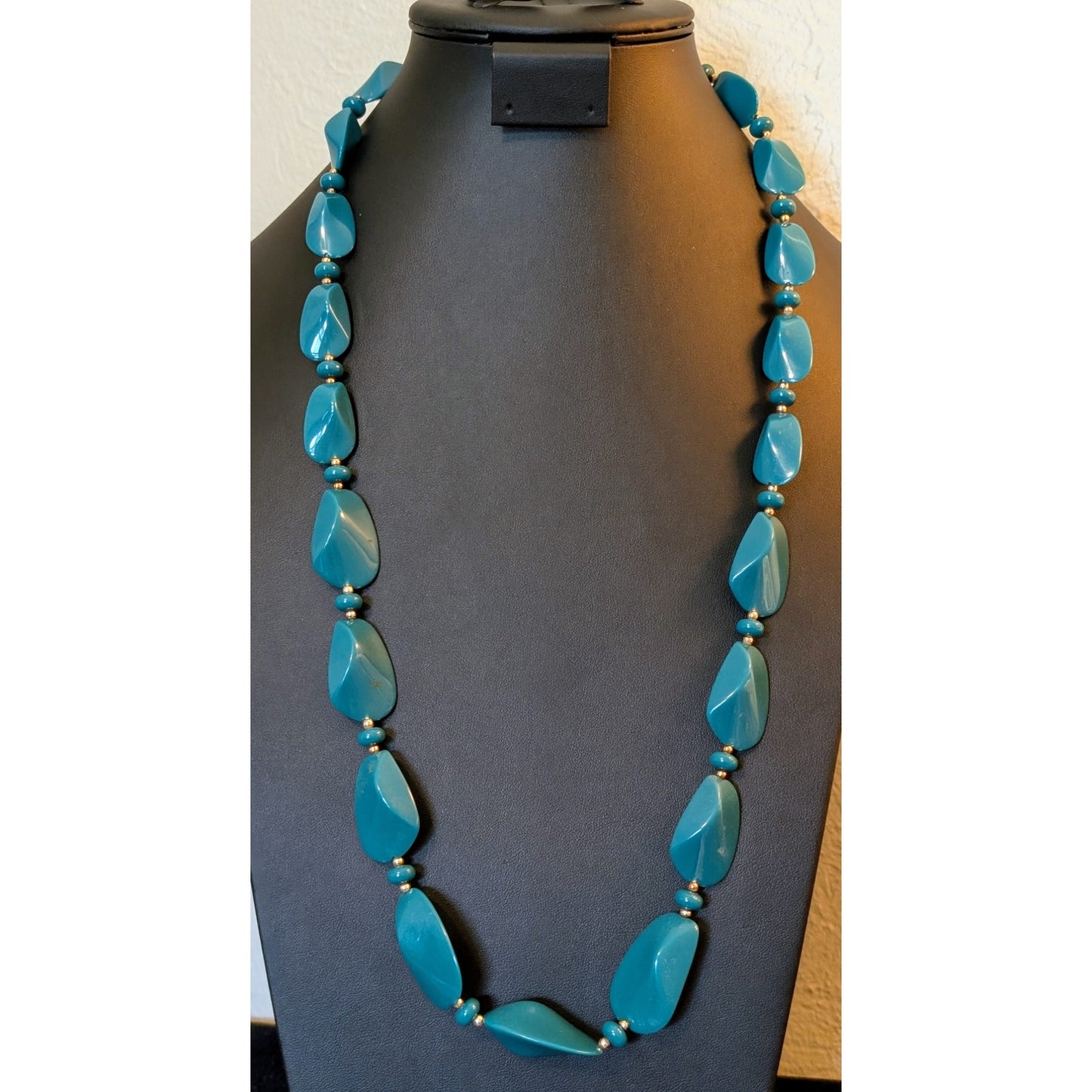 Vintage Teal Acrylic Bead Long Necklace W/ Fold Over Clasp