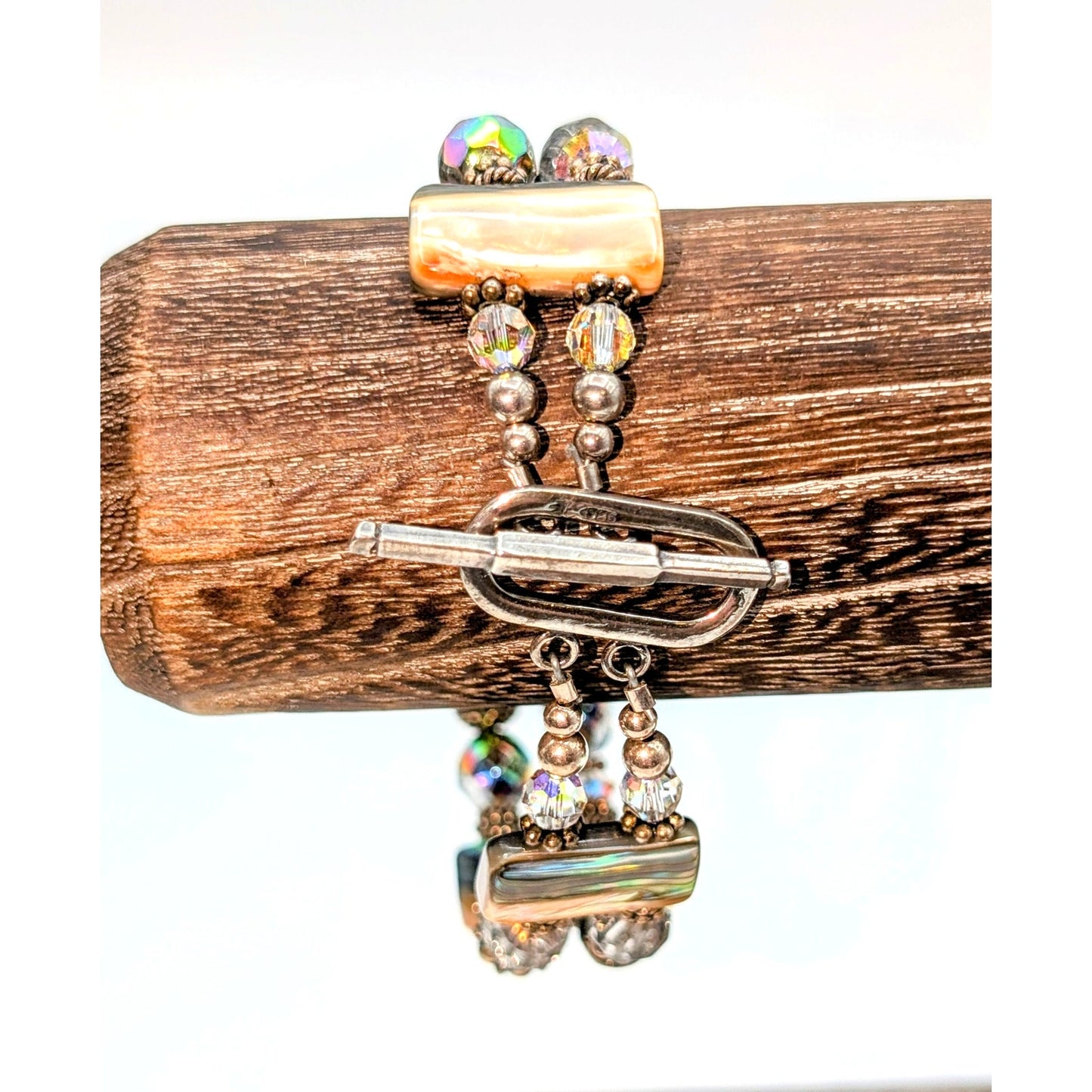 Signed Abalone Shell Chunks AB Crystal Sterling Beaded Toggle Clasp Bracelet