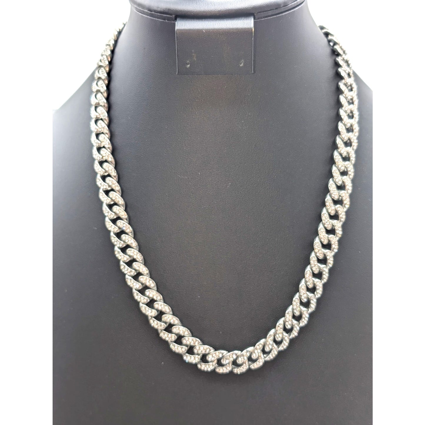 CZ 1/4" Wide Cuban Link Dark Silver Tone Metal Hip Hop Look 22" Long Necklace