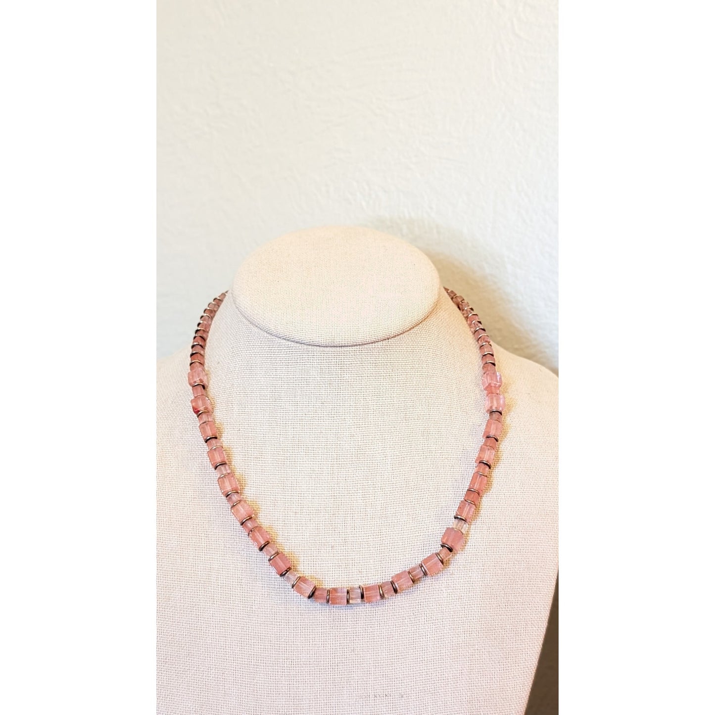 Vintage Pink Square Glass Bead Sterling Silver 17" Necklace