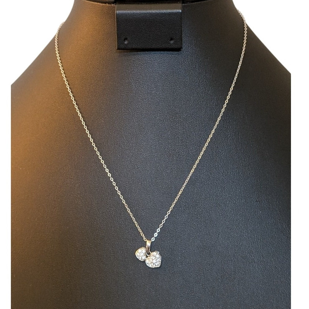 Two Pave CZ Heart 925 Sterling Silver Pendant 18" Necklace