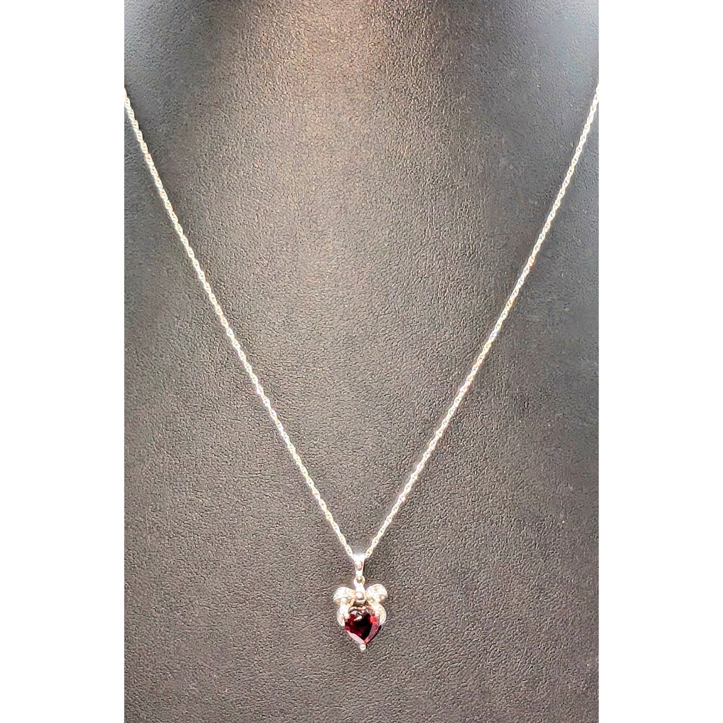 925 Sterling Silver Garnet Heart Bow Two Diamond Pendant 18.25" Necklace