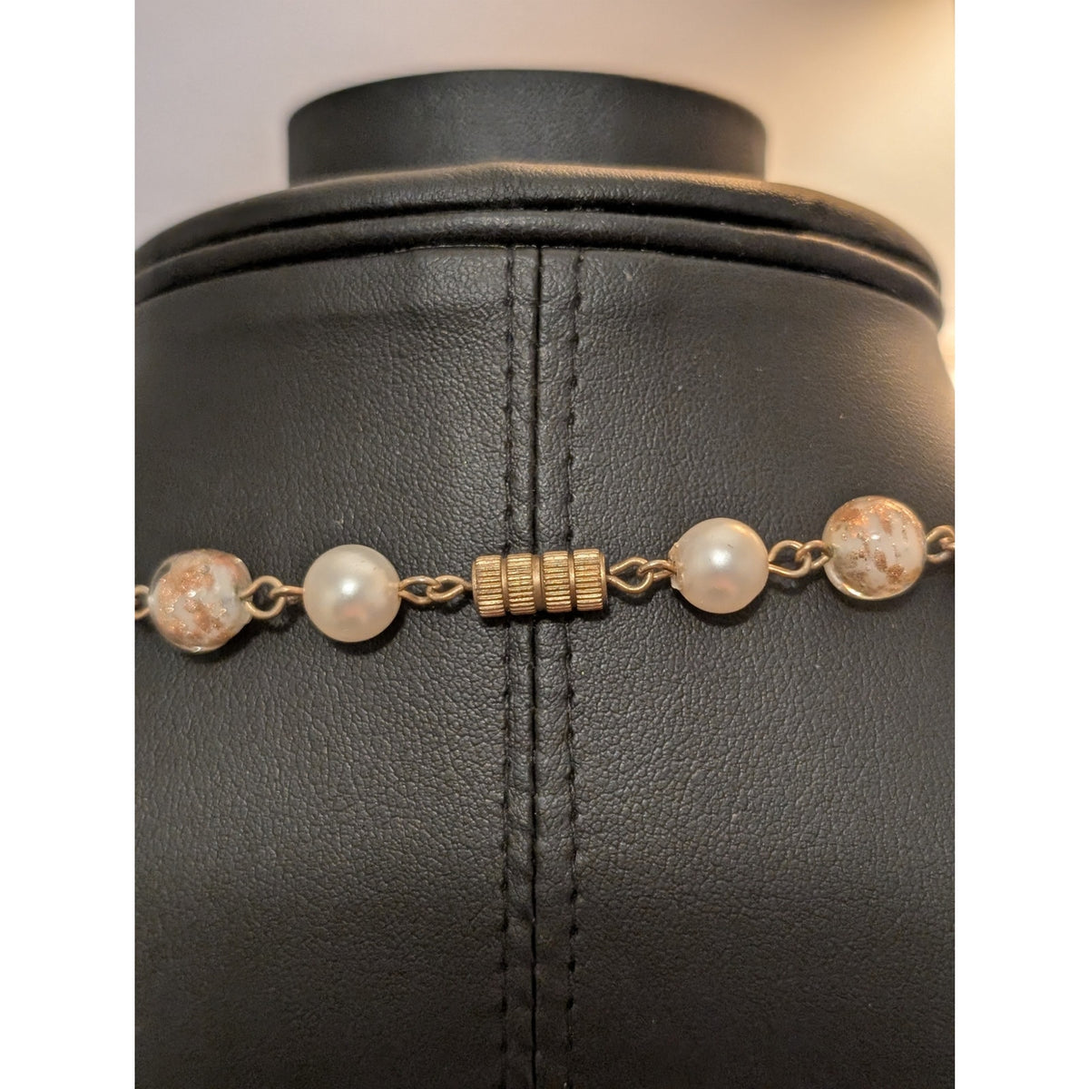 Vintage Venetian Glass Faux Pearl Beaded Chain Necklace W/ Barrel Clasp