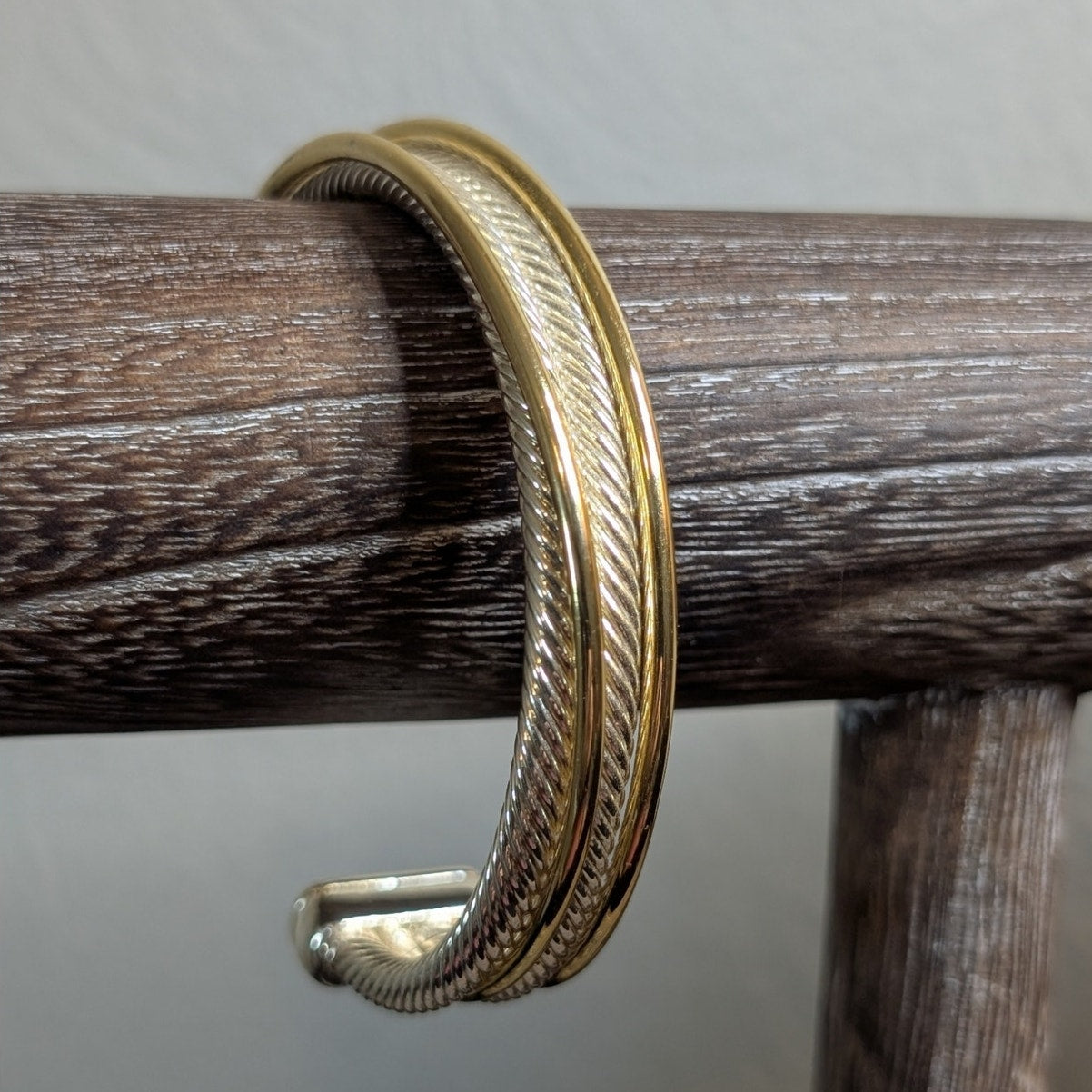 Double Two Tone Gold Bar Silver Rope Cuff Bracelet