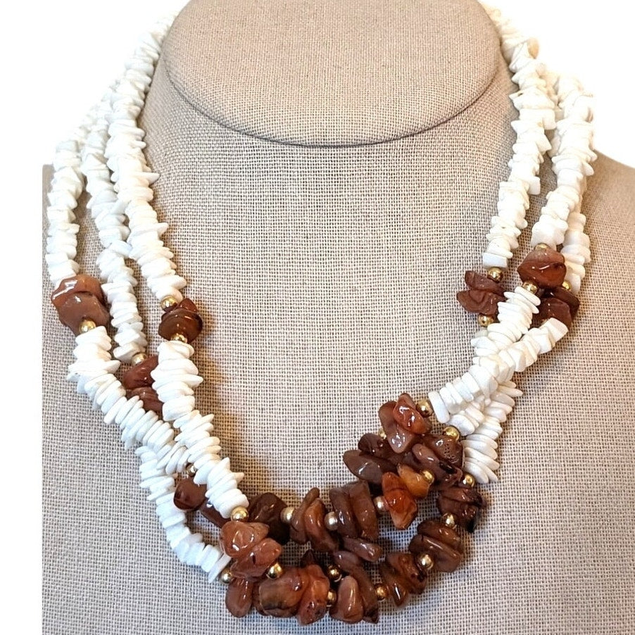 Three Strand Shell & Brown Chip Stone Beaded 19" Necklace W/ Barrel Clasp