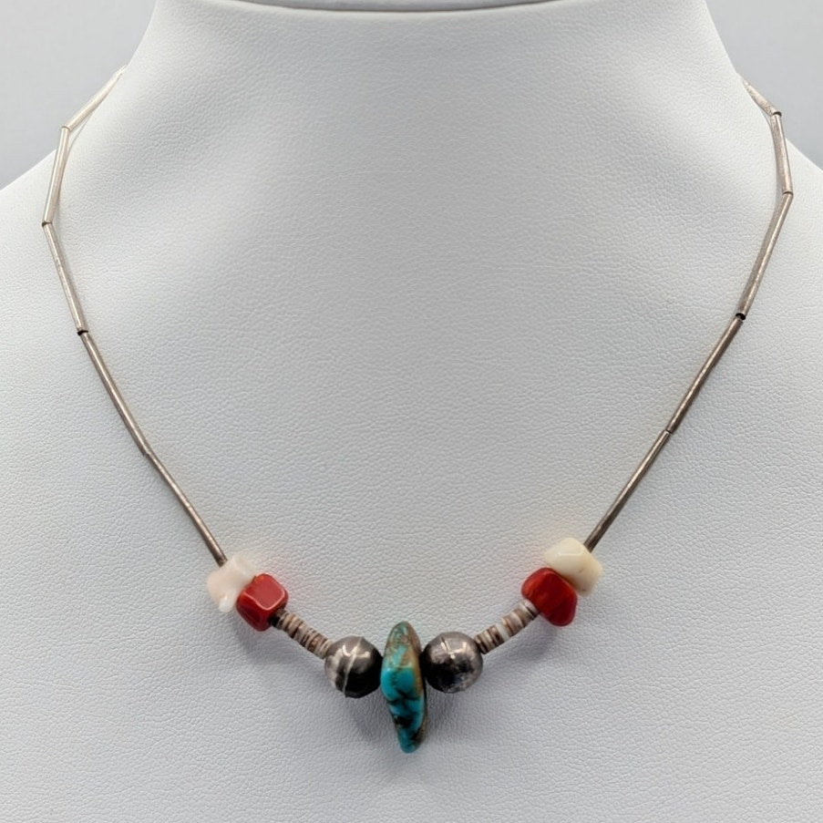 Vtg Liquid Sterling Turquoise Coral Carved Bird Heishi Bead Choker Necklace