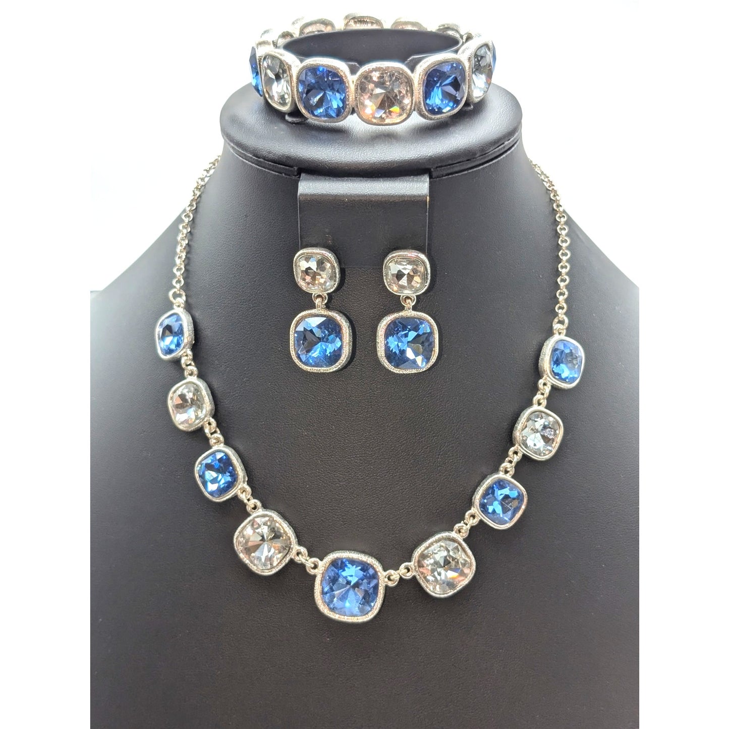 Vintage Crown Trifari Necklace Bracelet Pierced Earrings Glass Stone Jewelry Set