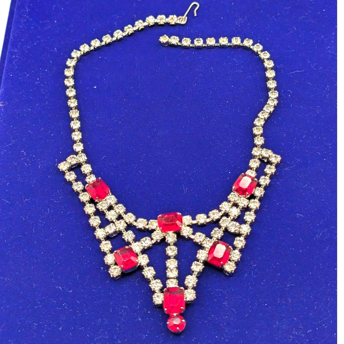Vintage Red Ruby & Clear Rhinestone Collar Hook 15" Silver Tone Collar Necklace