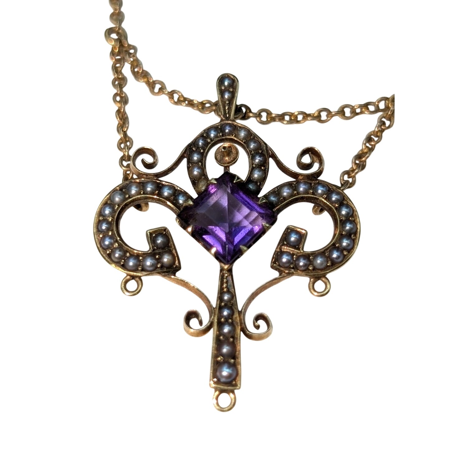 Antique 14k Yellow Gold Art Nouveau Amethyst Seed Pearl Festoon 15.5" Necklace