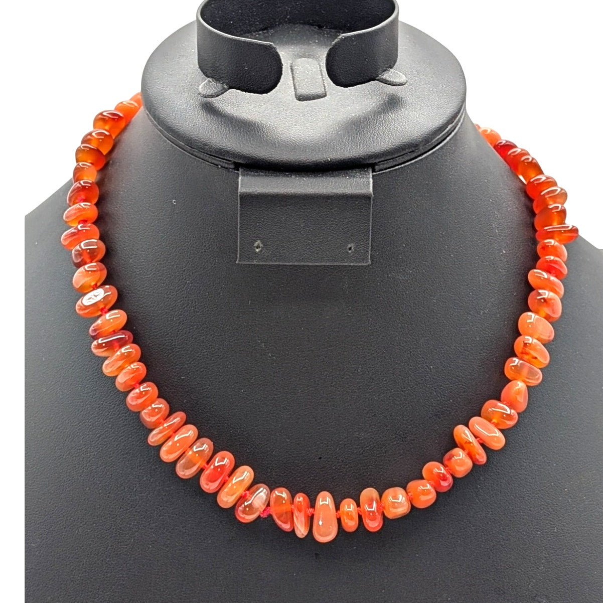 925 Sterling Silver Carnelian Agate Stone Bead Choker 17.5" Necklace