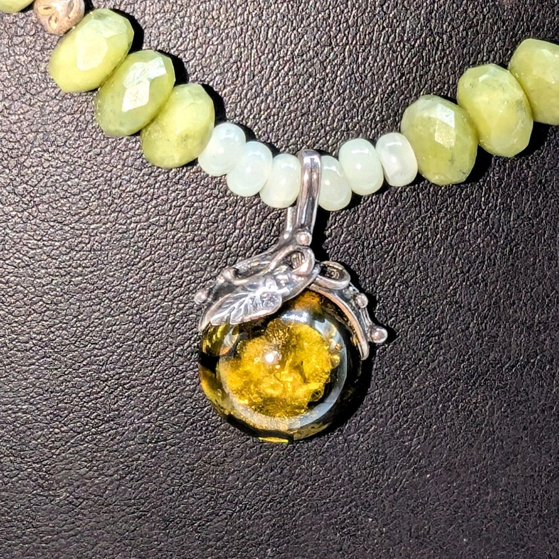 925 Sterling Silver Green Gemstone Bead Green Amber Pendant Necklace