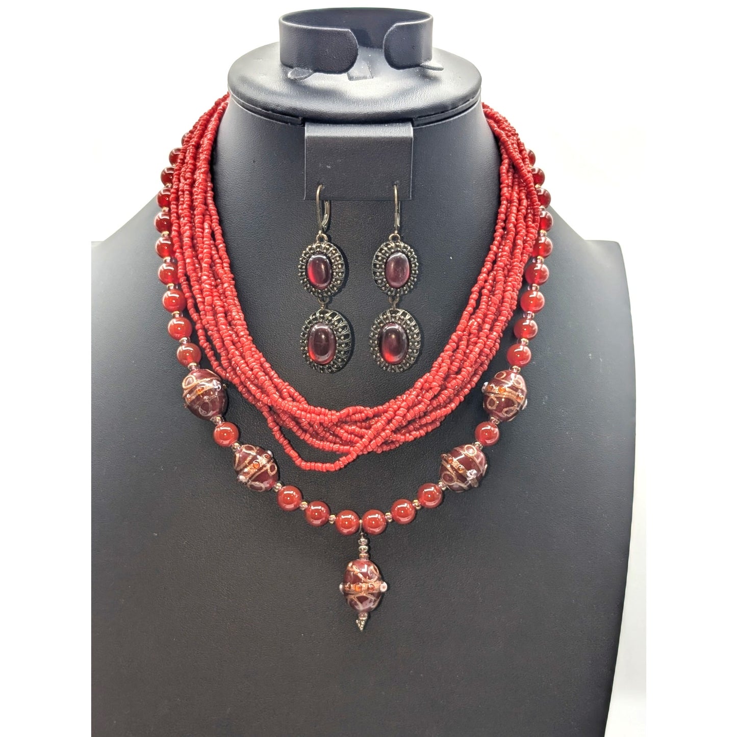 Lot of Boho Cranberry/Brick Color Beaded Necklaces & Earrings