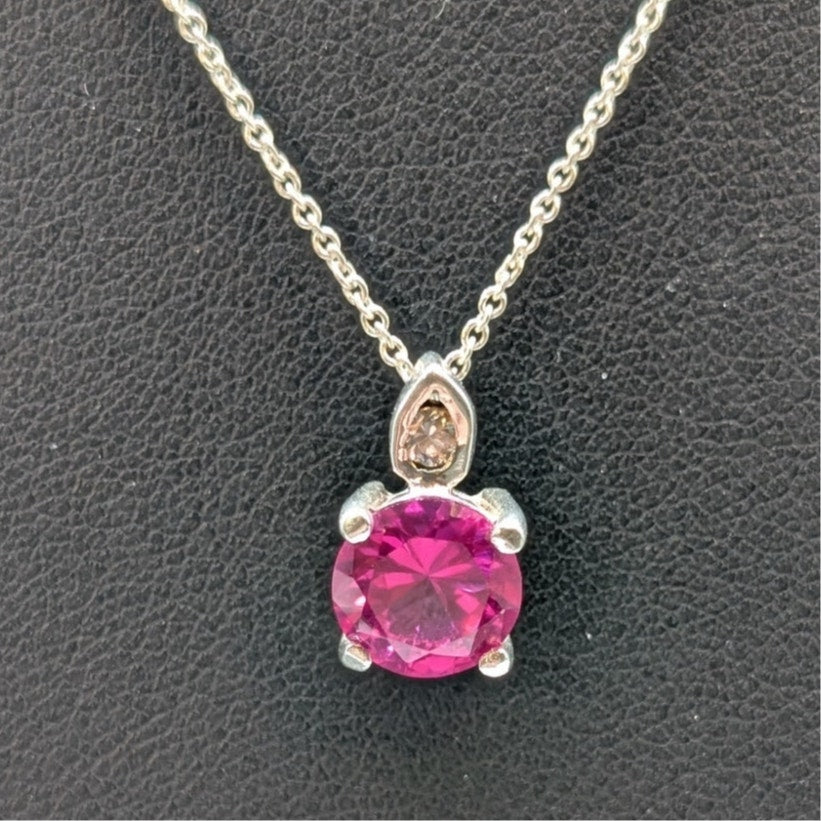 Pink Sapphire Solitaire & CZ Pendant 925 Sterling Silver 18.5" Necklace