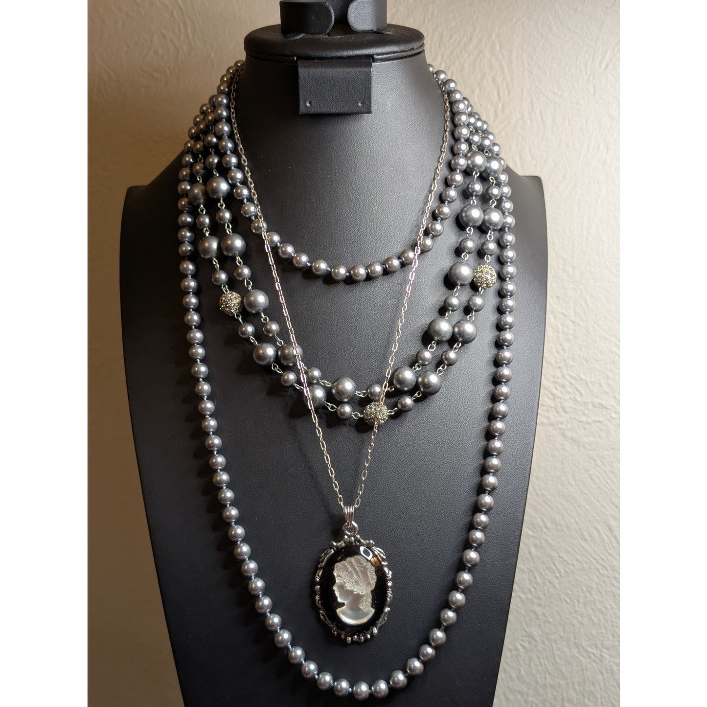 Layered Look Three Silver Pearl Cameo Silver Tone Themed Necklaces