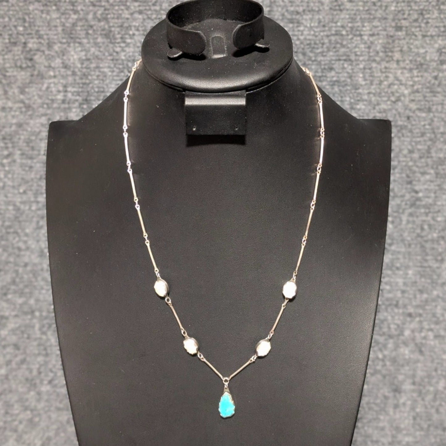 Vtg Sterling Signed Hand Set Turquoise & Mother of Pearl Bar Chain Drop Necklace