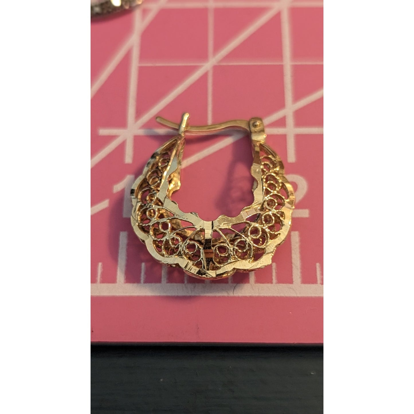 925 Sterling Silver Gold Vermeil Filigree Hoop Latch Down Pierced Earrings
