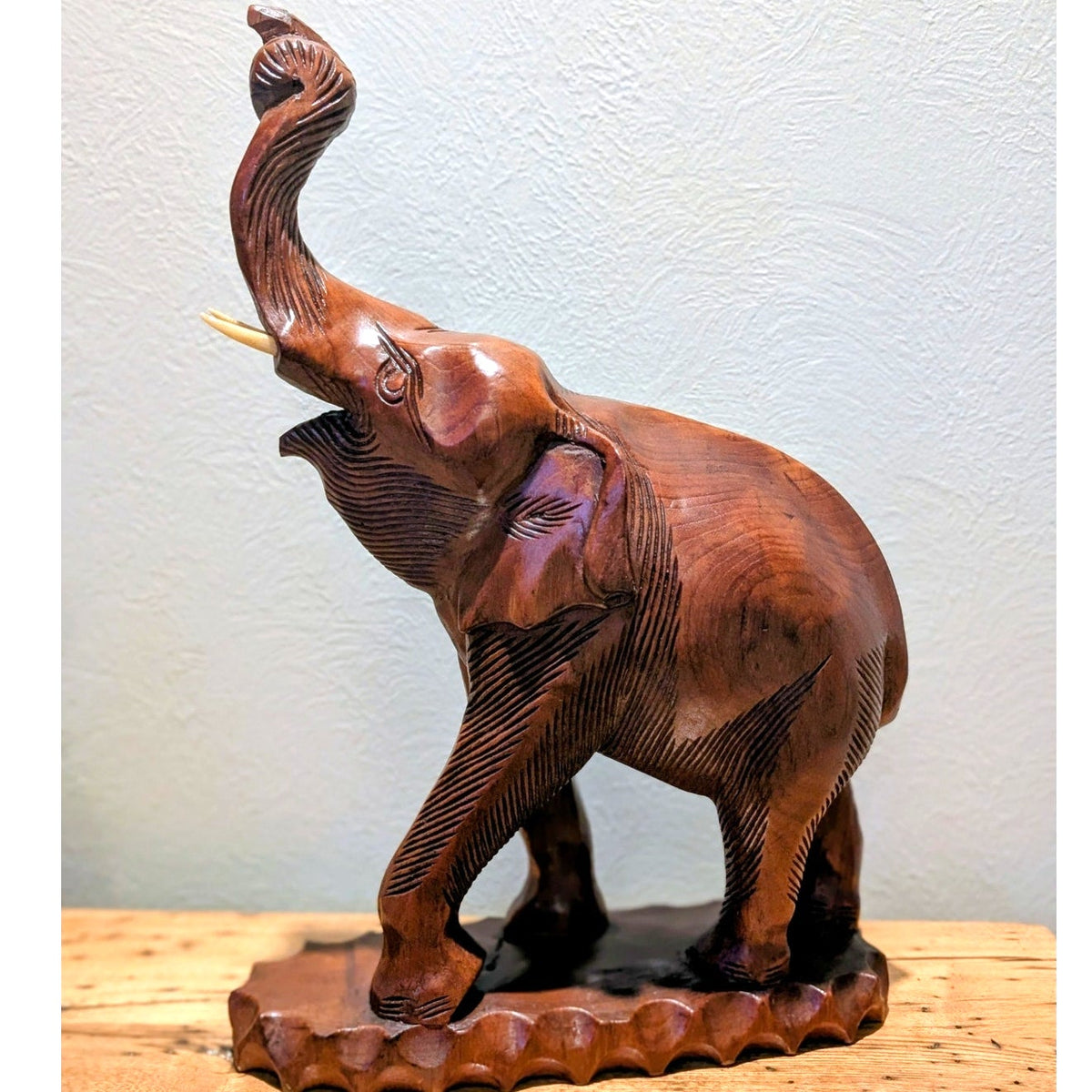 VTG Mid 20th Century Hand Carved Trunk Up Tusked Wooden Elephant Sculpture