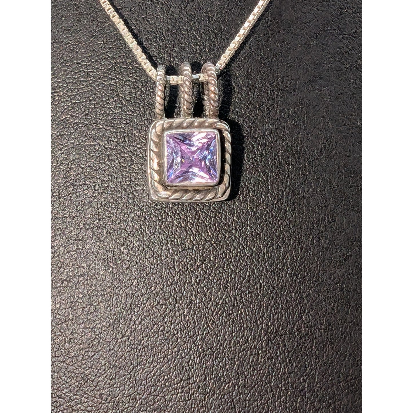 VTG Lori Bonn 925 Sterling Silver Purple Stone Pendant Box Chain 16" Necklace