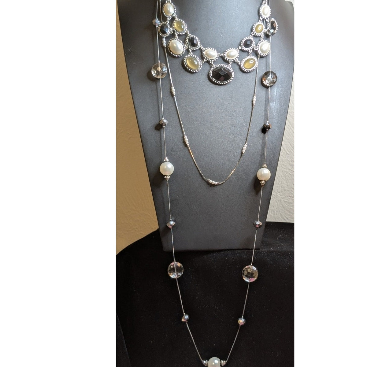 Lot of Three Layered Coordinating Pearl Crystal Bead Chain Necklaces