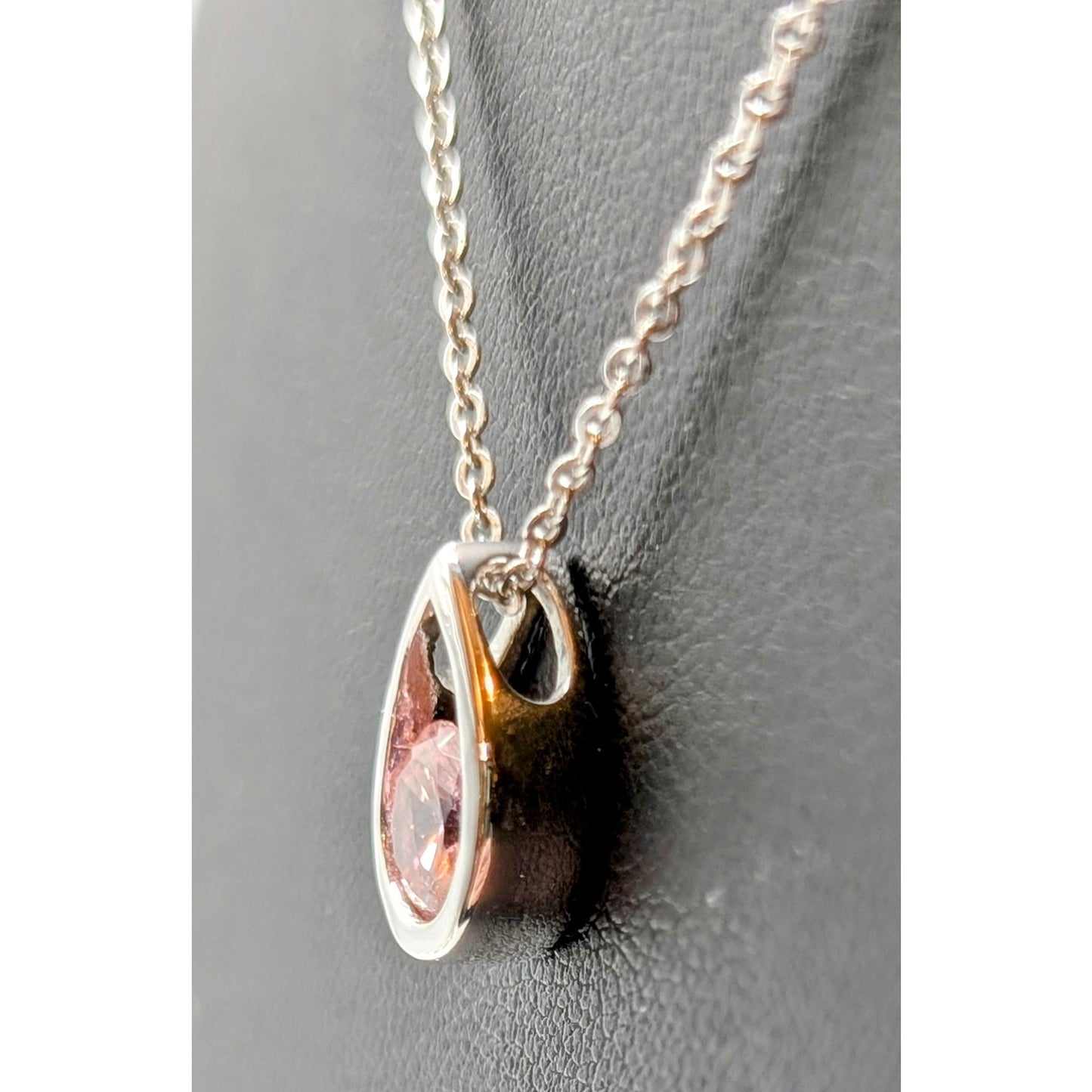 925 Sterling Silver Pink Crystal Teardrop Pendant 18" Necklace