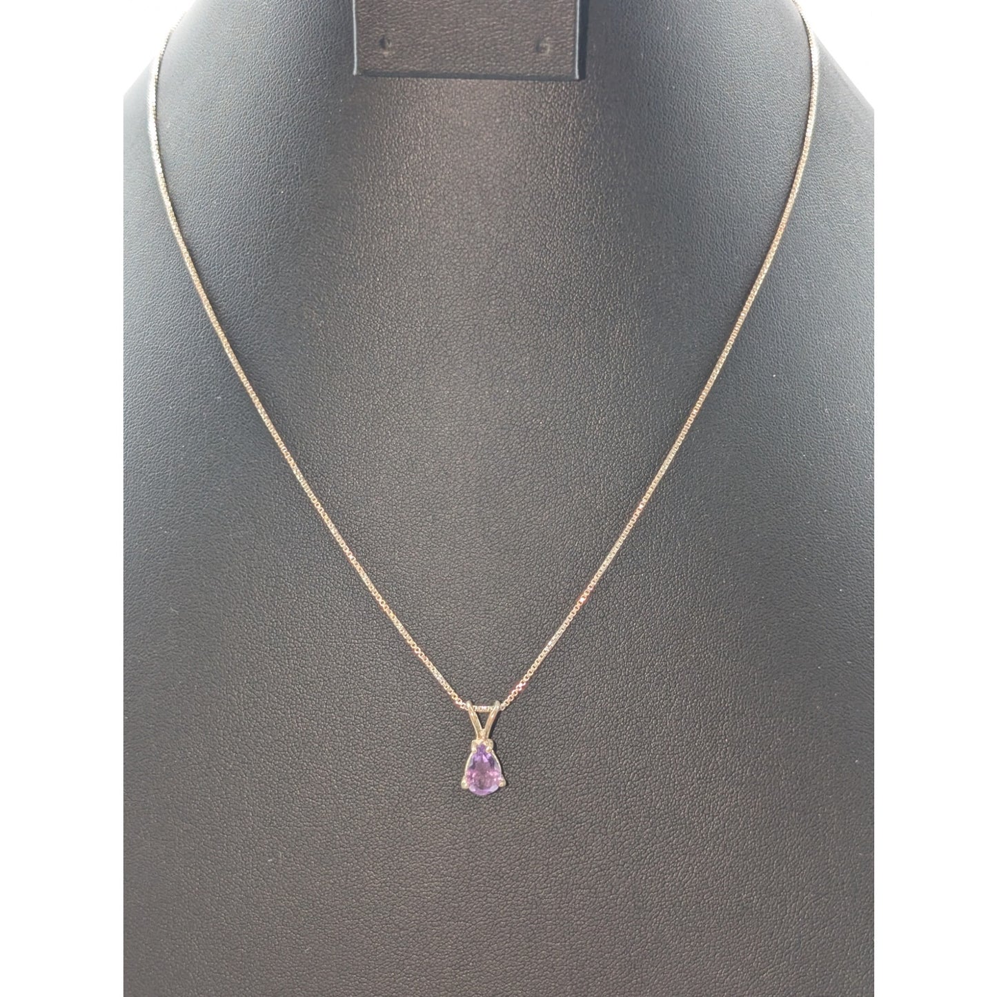 Vintage 925 Sterling Silver Purple Spinel Teardrop Pendant Box Chain Necklace