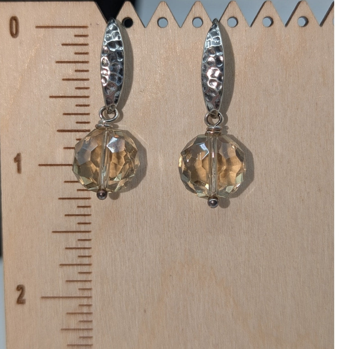 VTG Hammered 925 Sterling Silver Champagne Faceted Glass Bead Dangle Earrings