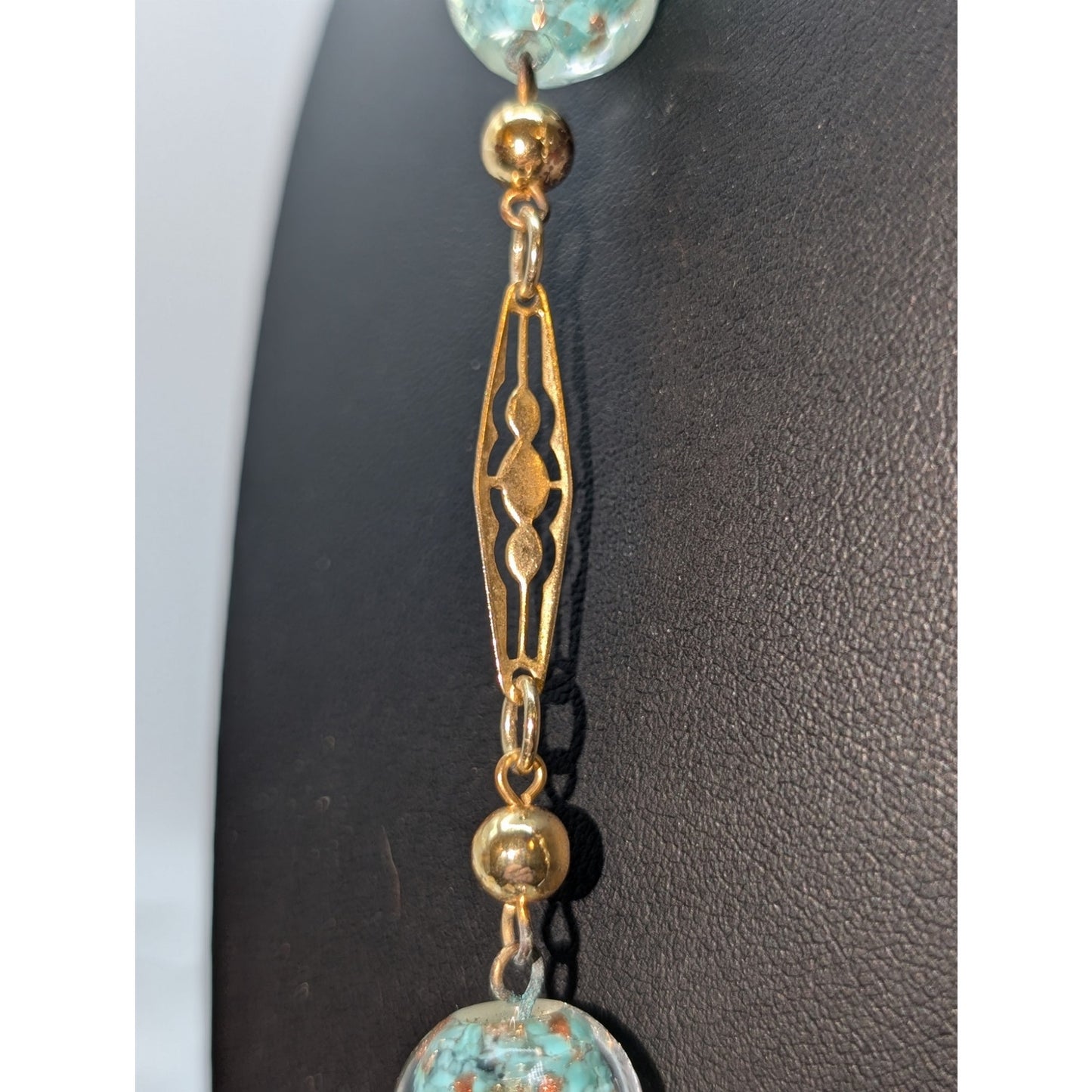 Vintage Blue Gold Glitter Glass Lampwork Pearl Gold Tone Chain Necklace Lot