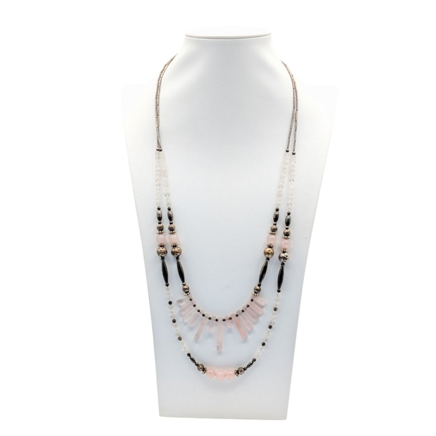 Vintage Liquid Silver Handmade Pink Quartz Crystal Double Strand 25.5" Necklace