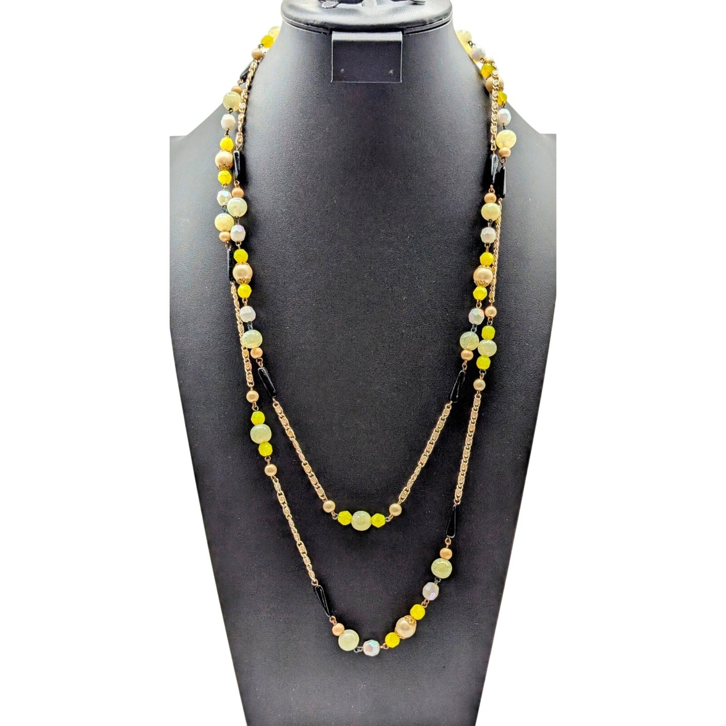 Vintage Black Yellow Cream White Beaded Station Chain Long 60" Necklace