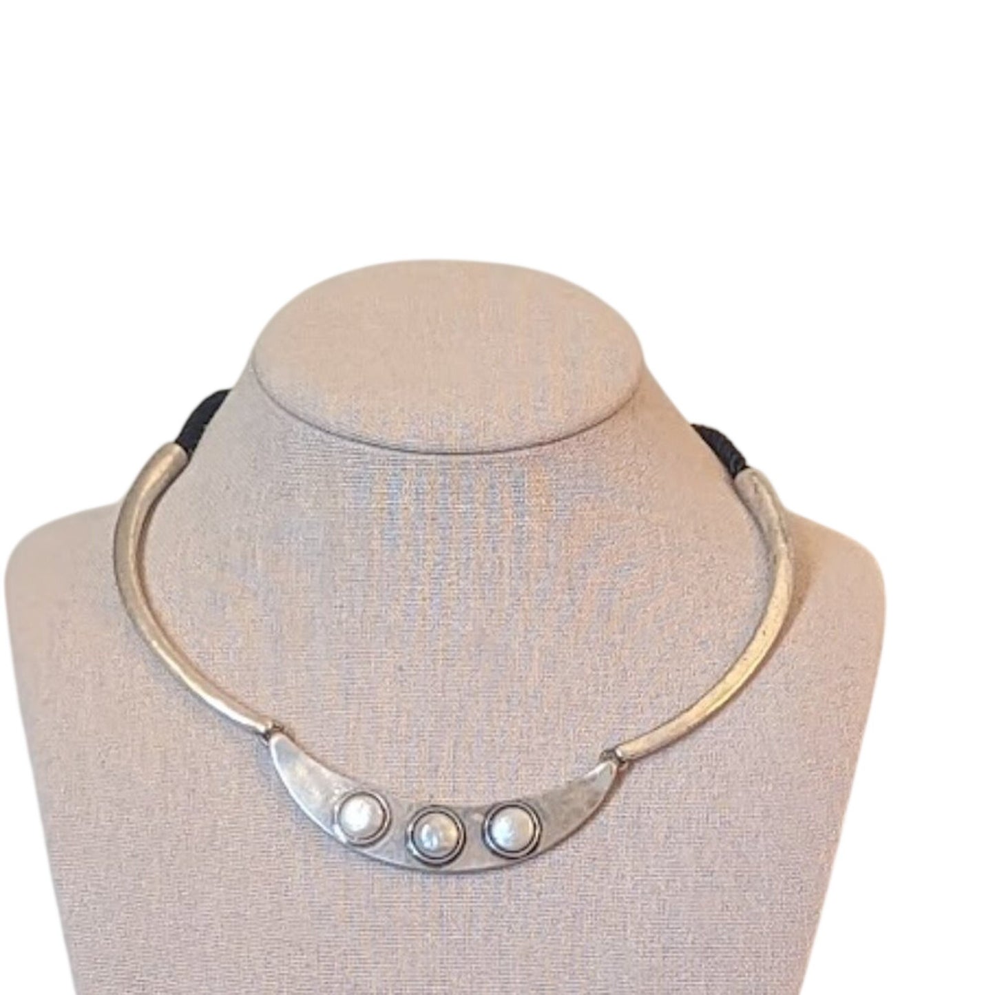 Lucky Brand Silver Tone Bar Necklace with Three Faux Pearls and Silk Tassels