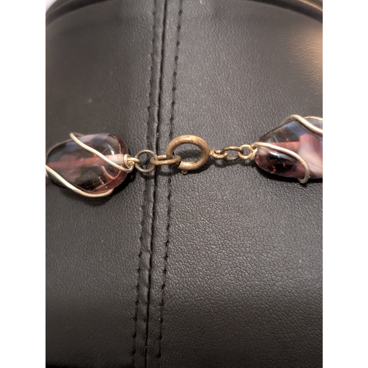 VTG Purple Wire Wrapped Glass Bead & Pink AB Crystal Bead Silver Tone Necklace