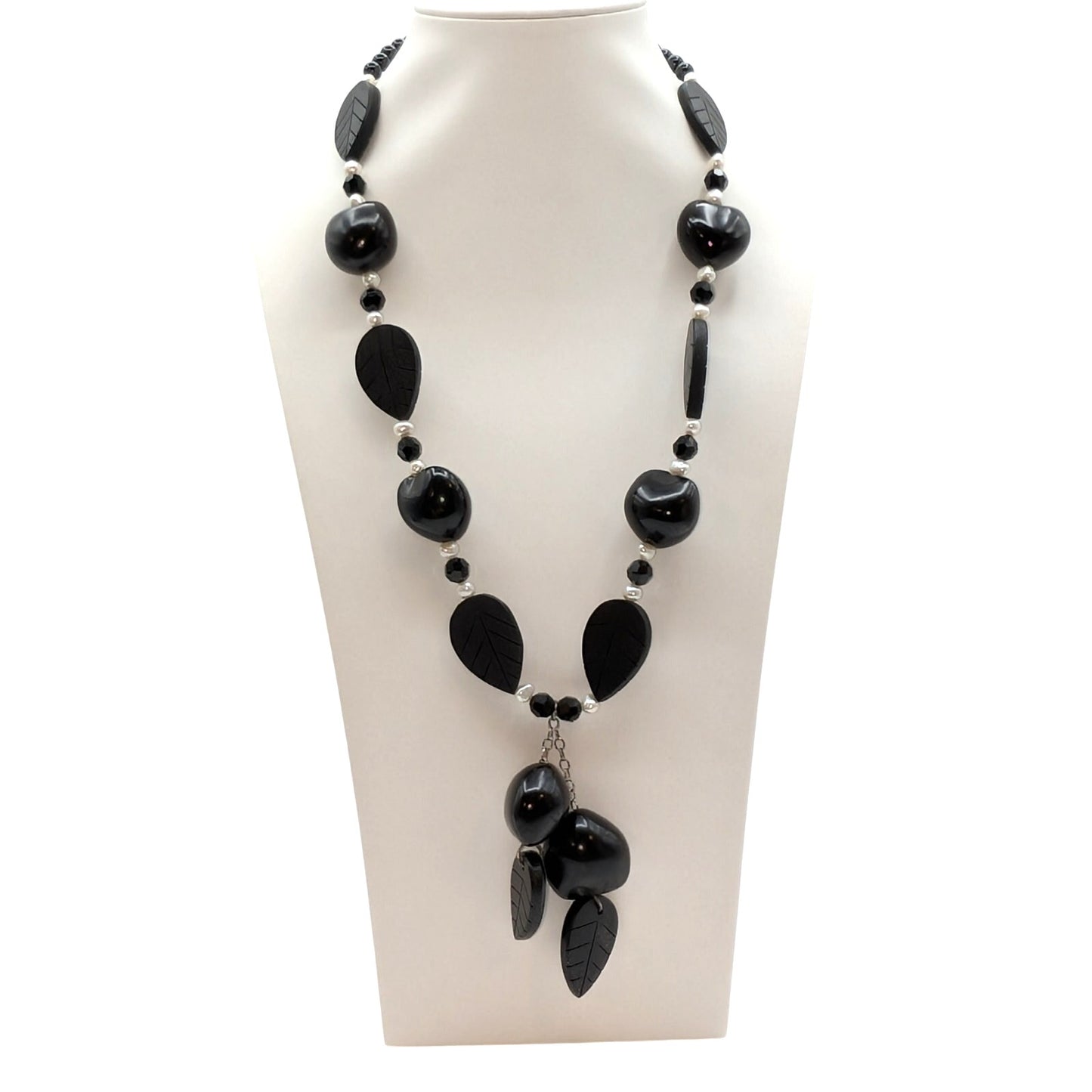 925 Sterling Pearl Black Carved Wood Leaf Tagua Nut Dangle Tassel Necklace